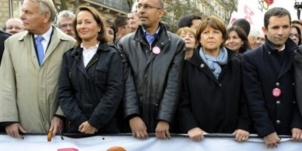 Jean-Marc Ayrault, Ségolène Royal, Harlem Désir, Martine Aubry et Benoît Hamonà la manifestation parisienne contre la réforme des retraites, 19 octobre 2010