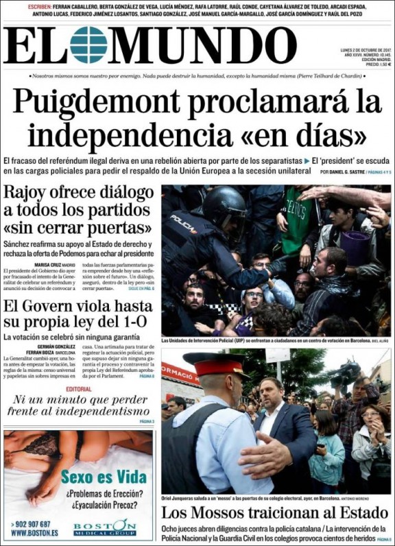 Ce matin la presse espagnole dénonce le référendum et la trahison des Mossos