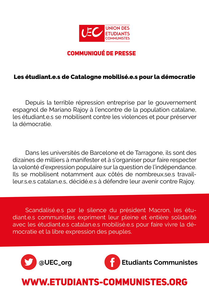 L'UEC solidaire des étudiants de Catalogne mobilisé.e.s pour la démocratie