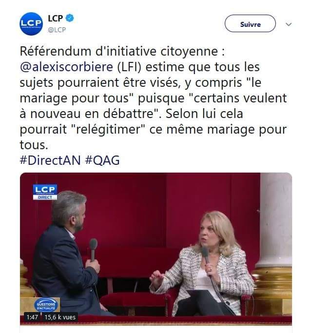 Alexis Corbière (LFI) s'en prend au mariage pour tous pour justifier le Référendum d'Initiative Citoyenne