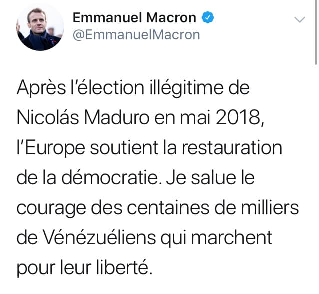 Emmanuel Macron soutient officiellement le coup d'état contre le Venezuela