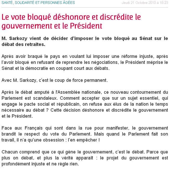 Le PS trouvait que le vote bloqué sur la question des retraites discréditait l'UMP et ils nous la font à l'envers sur l'ANI ... no comment !