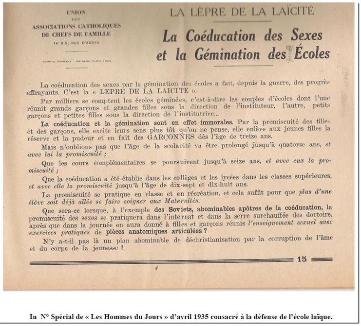 Quand les Associations Familiales Catholiques dénonçaient la mixité, la promiscuité et les petites filles transformées en garçonnes… en 1935 (Ufal)