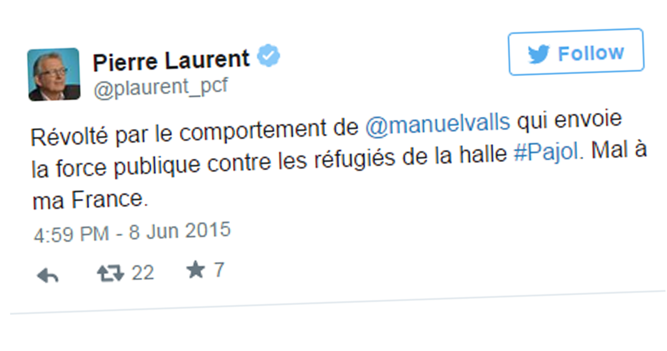 Pierre Laurent (PCF) après l'expulsion de migrants à Paris : "J'ai mal à ma France"