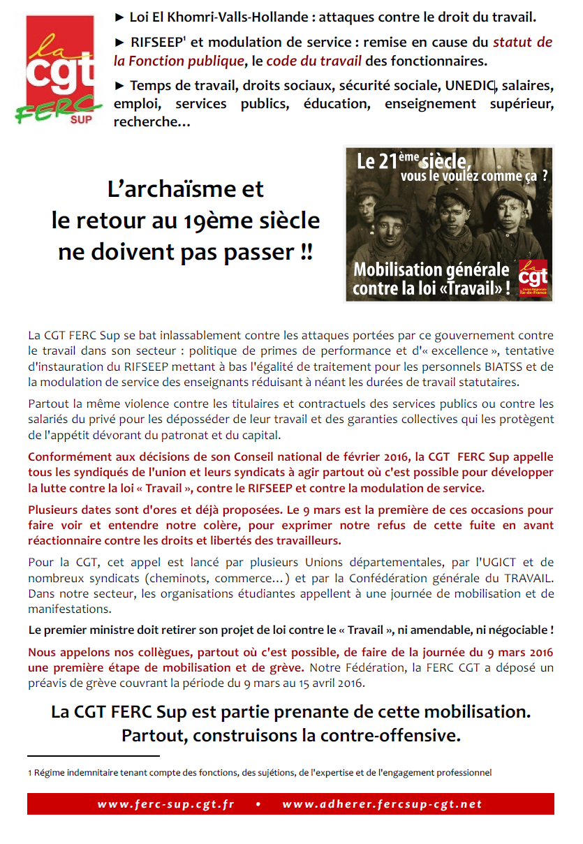 Loi travail "El Khomri" : La CGT FERC dépose un préavis de grève pour le 9 mars