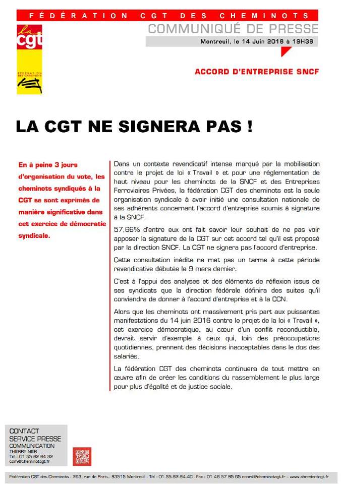 La CGT ne signera pas l'accord d'entreprise de la SNCF